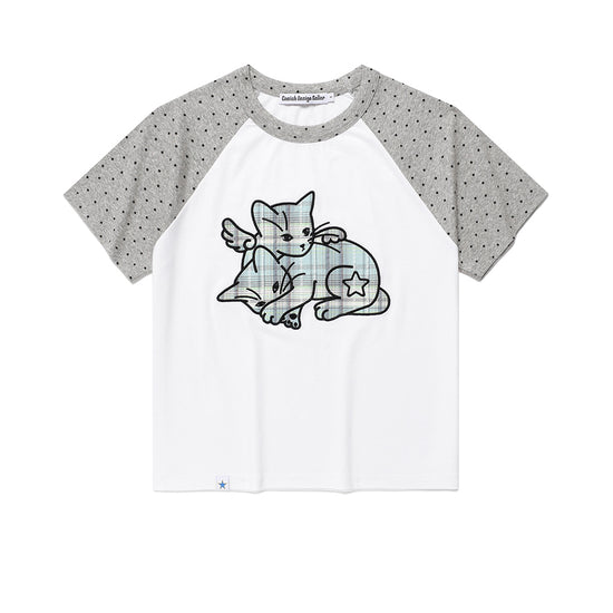 Cavish Women's Angel Cats Raglan Short Sleeve T-Shirt White