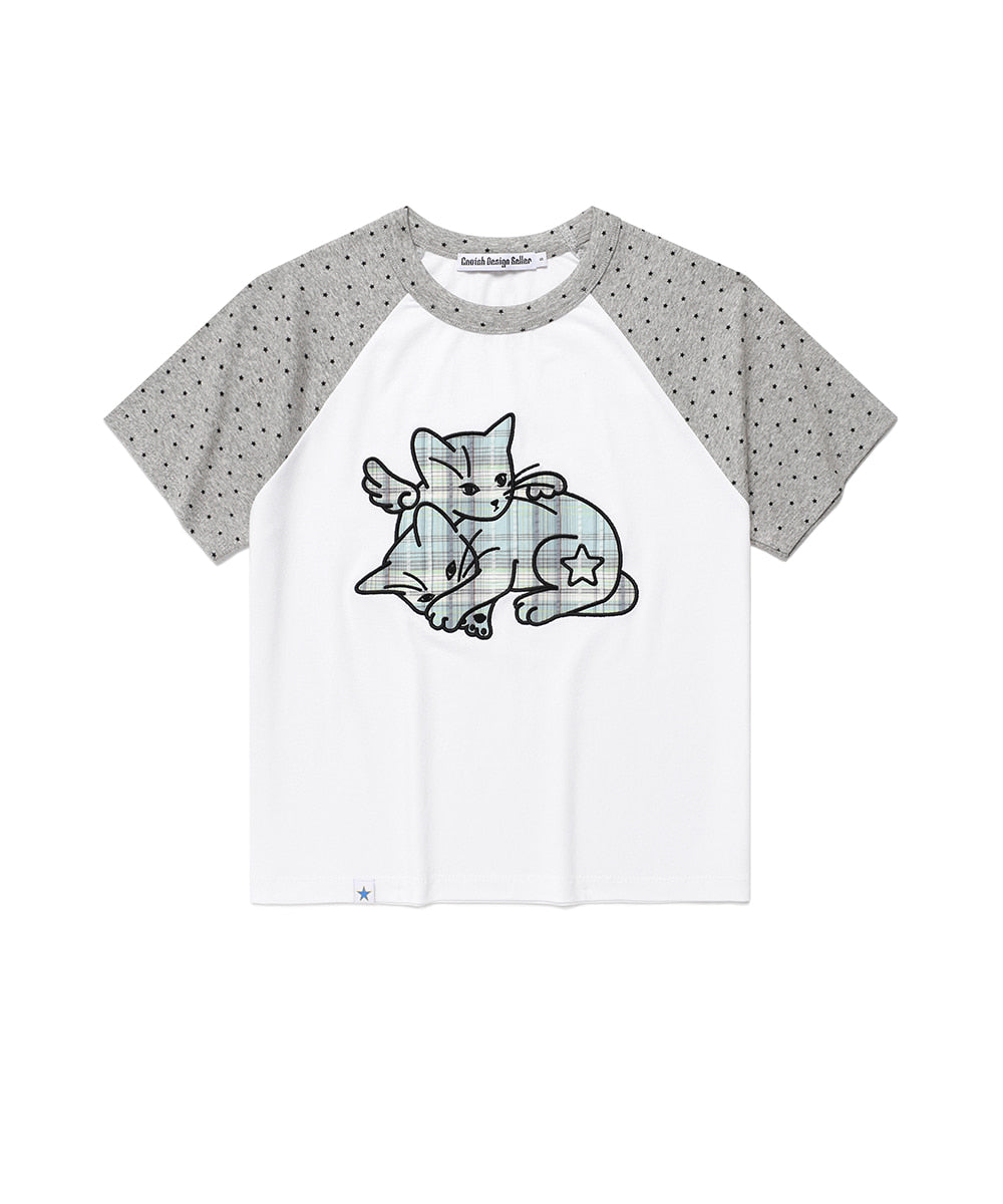 Cavish Women's Angel Cats Raglan Short Sleeve T-Shirt White