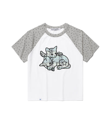 Cavish Women's Angel Cats Raglan Short Sleeve T-Shirt White