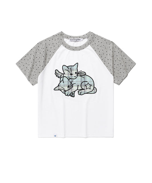 Cavish Women's Angel Cats Raglan Short Sleeve T-Shirt White