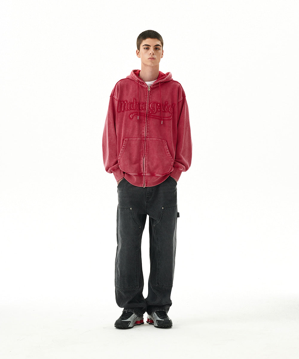 Mahagrid Washed Cut Off Applique Hood Zip Up