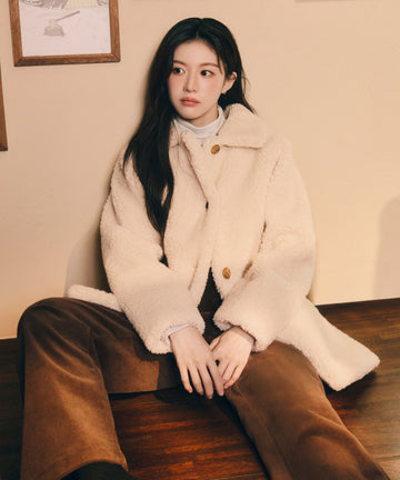 Marithé François Girbaud Women's Mid-Length Shearling Fur Coat in Ivory