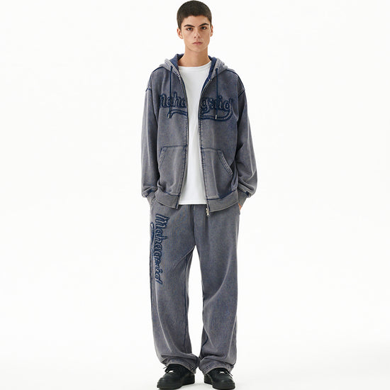 Mahagrid Washed Cut Off Applique Hood Zip Up
