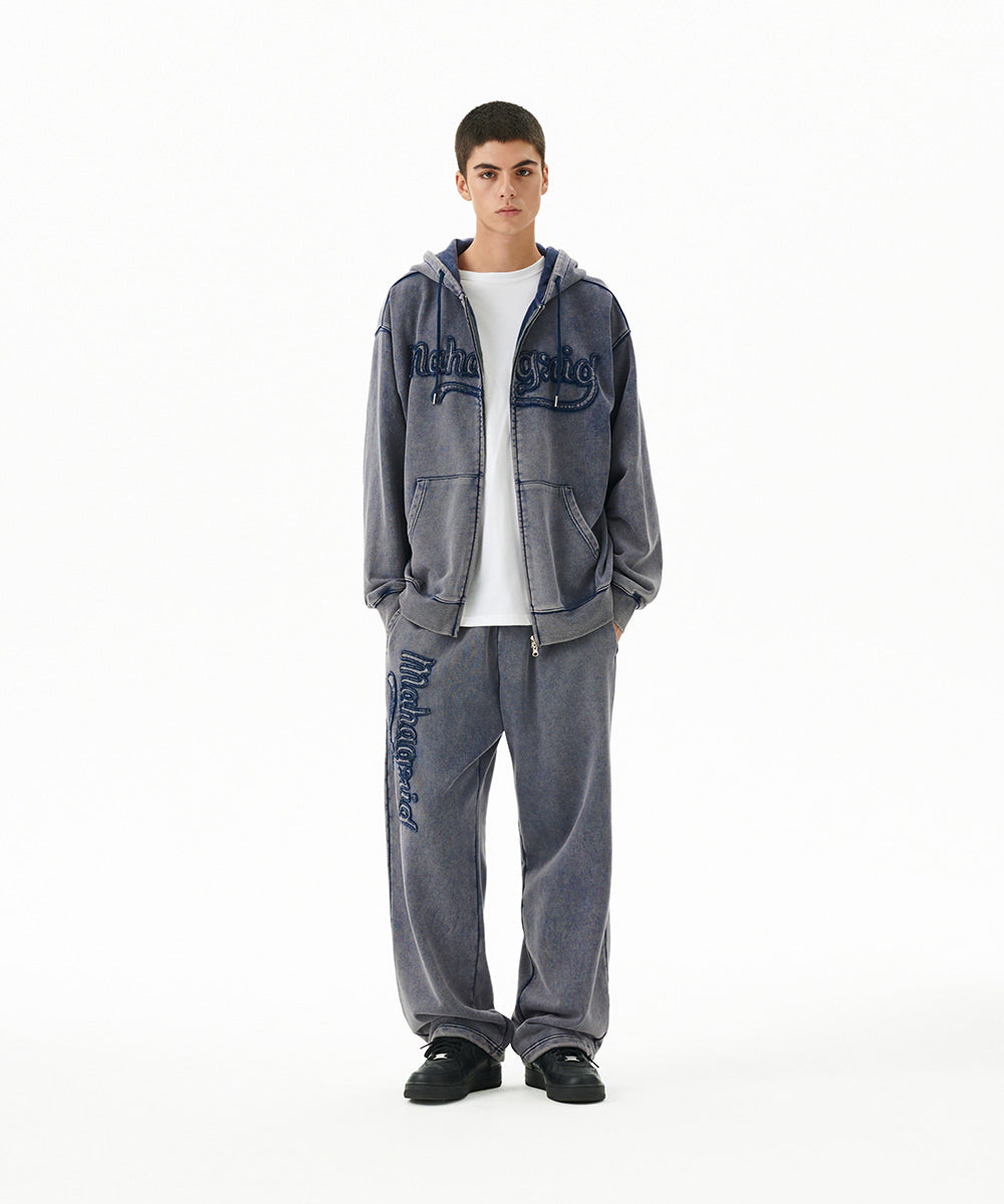 Mahagrid Washed Cut Off Applique Hood Zip Up