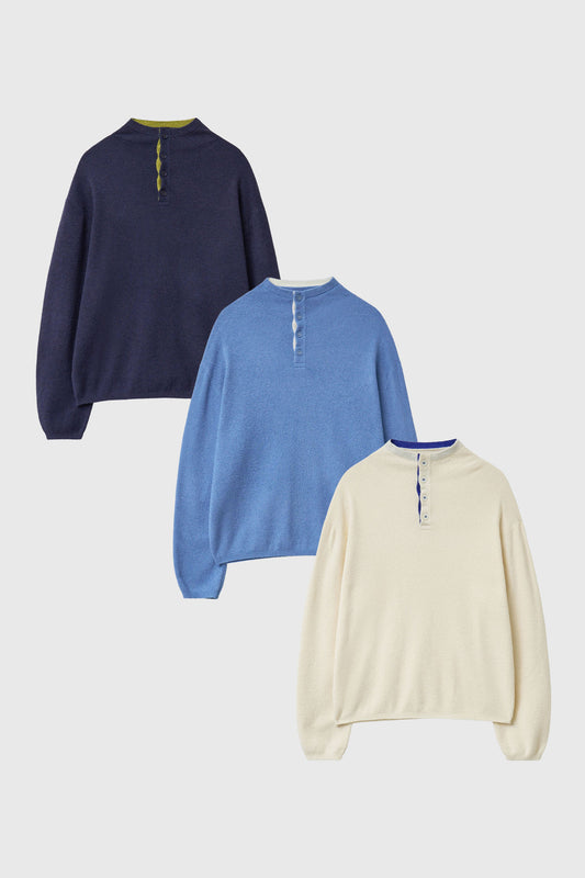 General Idea UNISEX Color-Block Collar Henley Neck Knit [3COL]