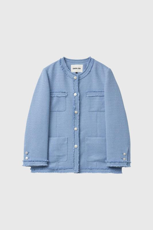 General Idea Woman Fringe Trim Tweed Jacket [Blue]