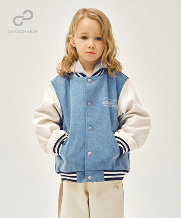 Marithé François Girbaud Kids Detachable Hood Denim Varsity Jacket Blue