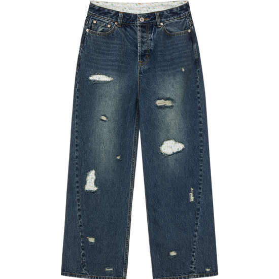 AEAE Flower Patchwork Denim Pants in Dusty Blue