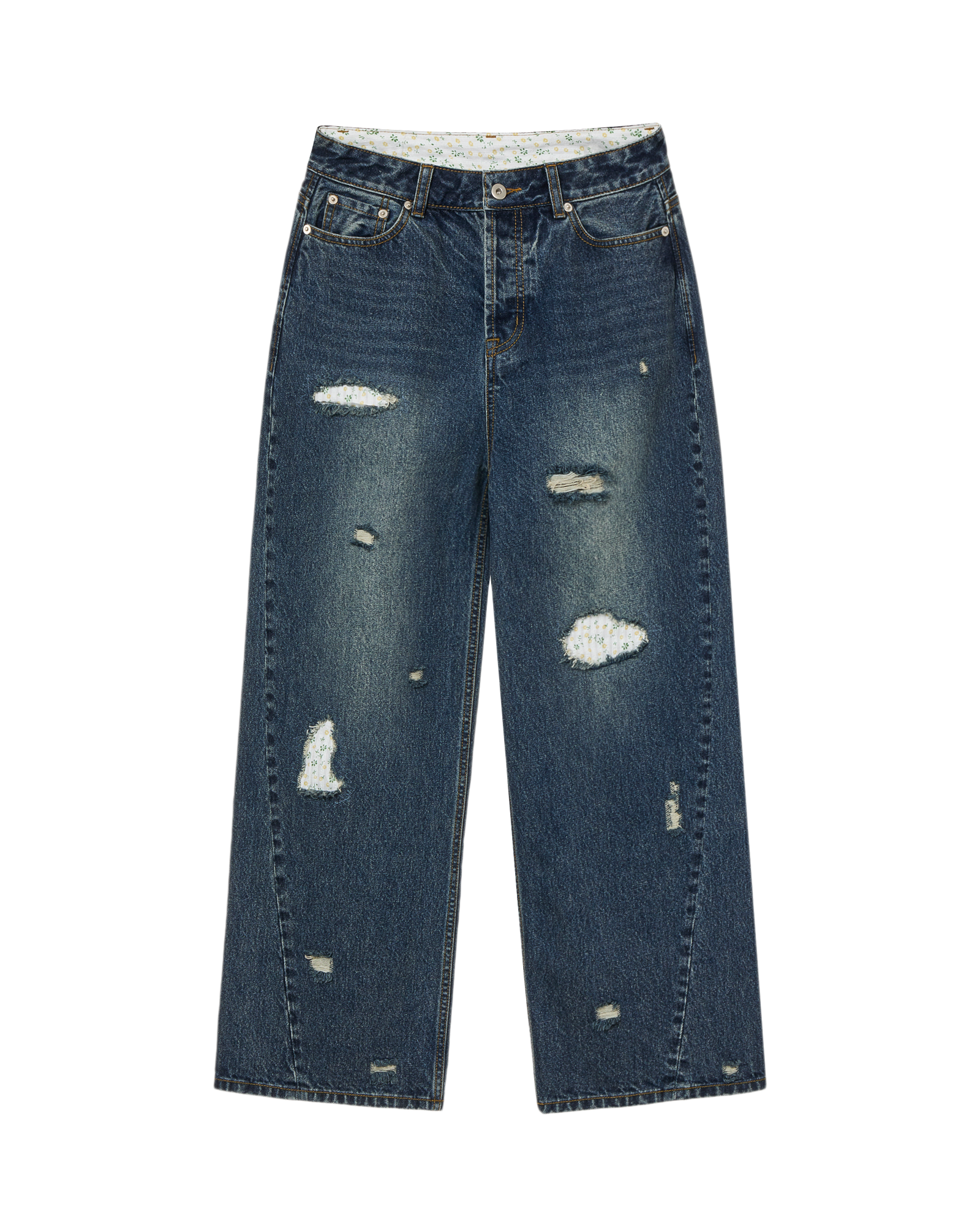 AEAE Flower Patchwork Denim Pants in Dusty Blue