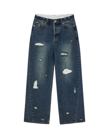 AEAE Flower Patchwork Denim Pants in Dusty Blue