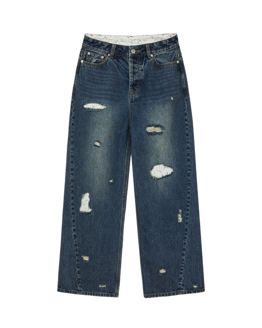 AEAE Flower Patchwork Denim Pants in Dusty Blue