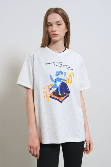 General Idea WOMAN Dancing Cat Oversized Half Sleeve T-Shirt [LIGHT GREY]