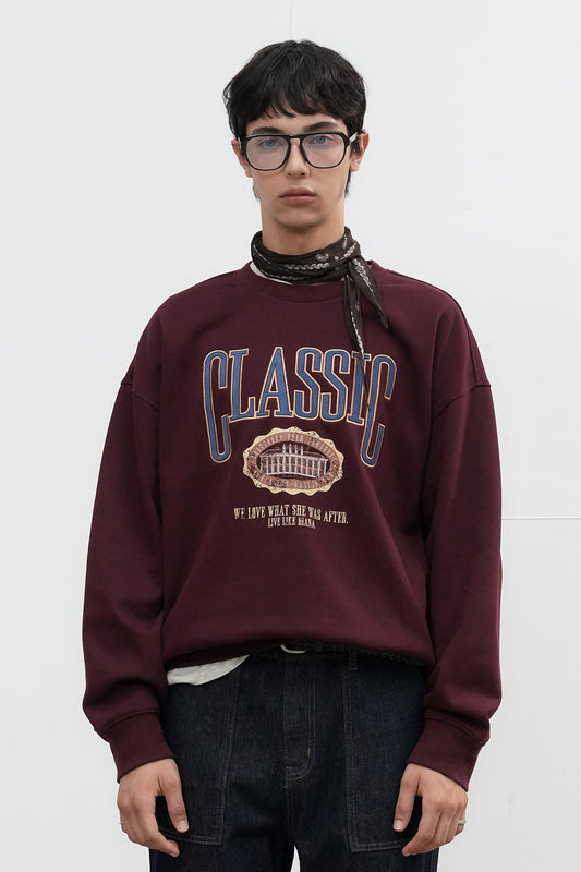 General Idea UNISEX Classic Appliqué Oversized Sweatshirt [BURGUNDY]