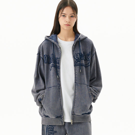 Mahagrid Washed Cut Off Applique Hood Zip Up