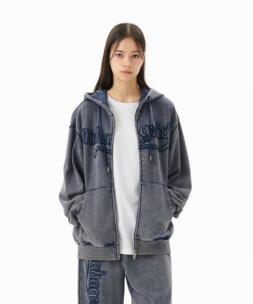 Mahagrid Washed Cut Off Applique Hood Zip Up