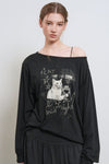 General Idea WOMAN Boatneck Loose Fit Graphic Long Sleeve T-Shirt [BLACK]