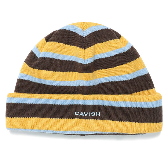 Cavish Striped Embroidery Beanie in Mustard
