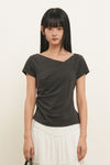 General Idea [General Idea Pick] Women's Drape Shirring Short Sleeve T-Shirt [Charcoal]