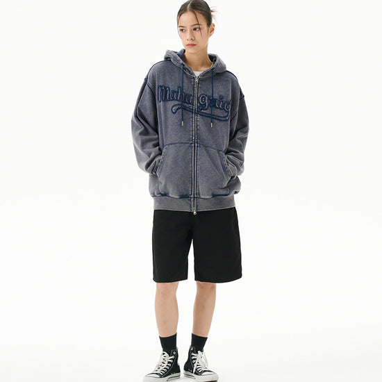 Mahagrid Washed Cut Off Applique Hood Zip Up