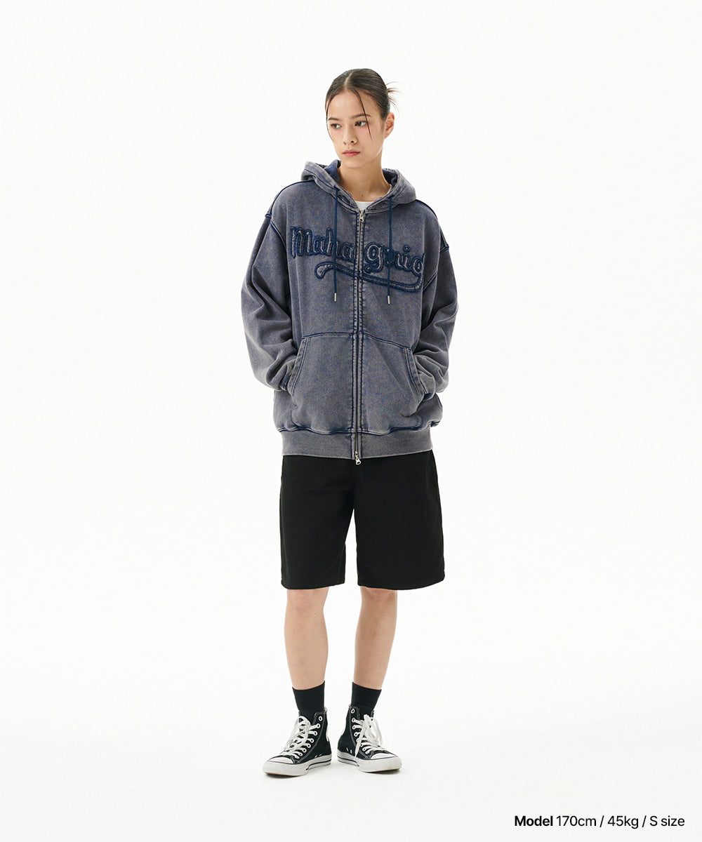 Mahagrid Washed Cut Off Applique Hood Zip Up