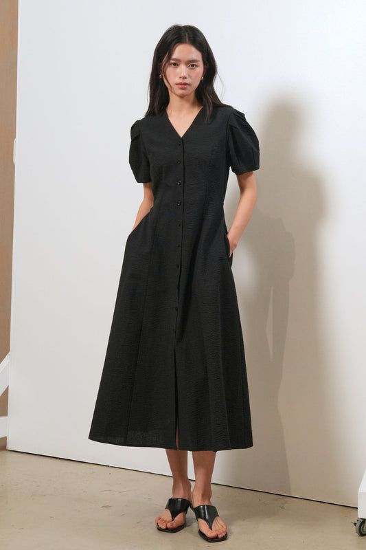General Idea WOMAN V-Neck Puff Long Dress [BLACK]