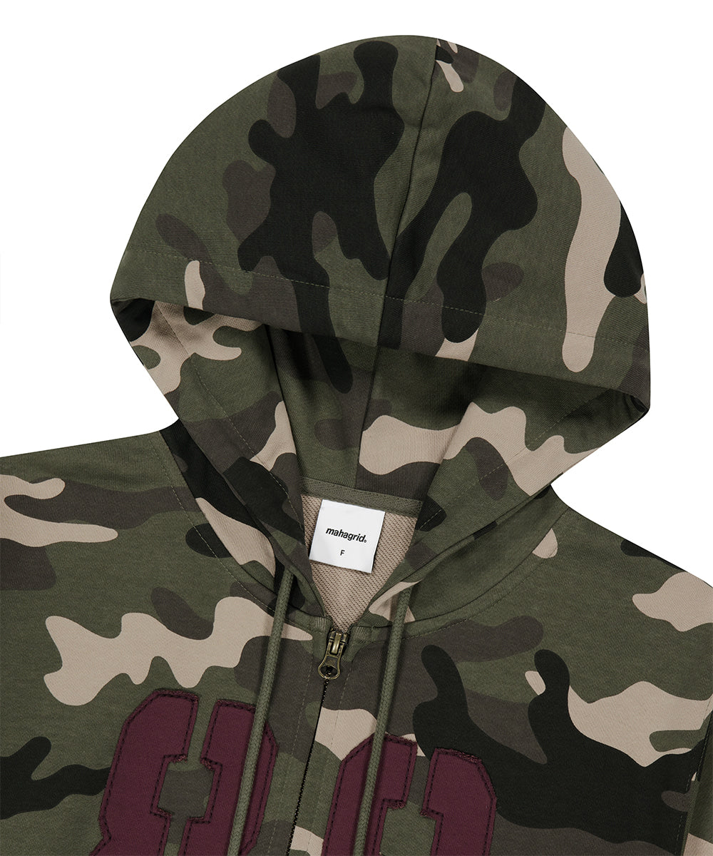 Mahagrid Camo Applique Crop Zip Up Hoodie