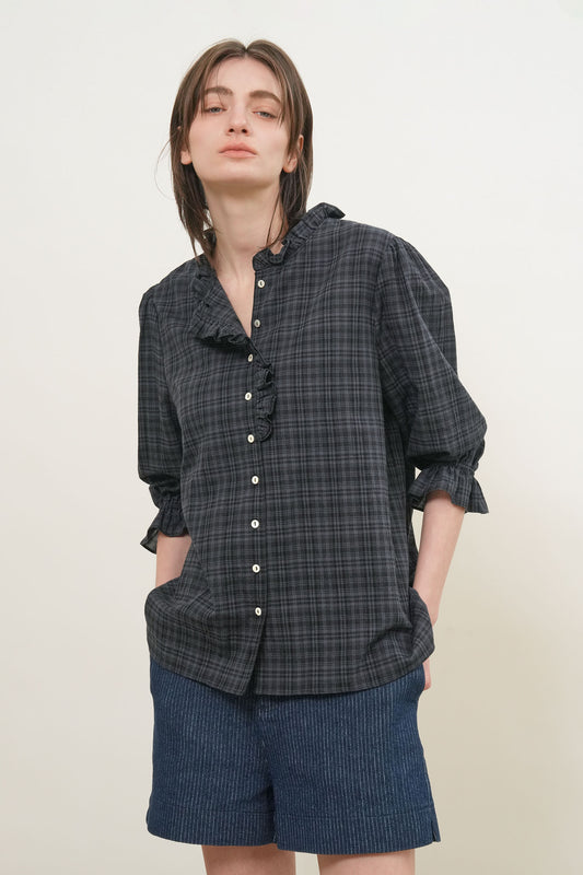 General Idea WOMAN Check Ruffle Blouse [DARK NAVY]
