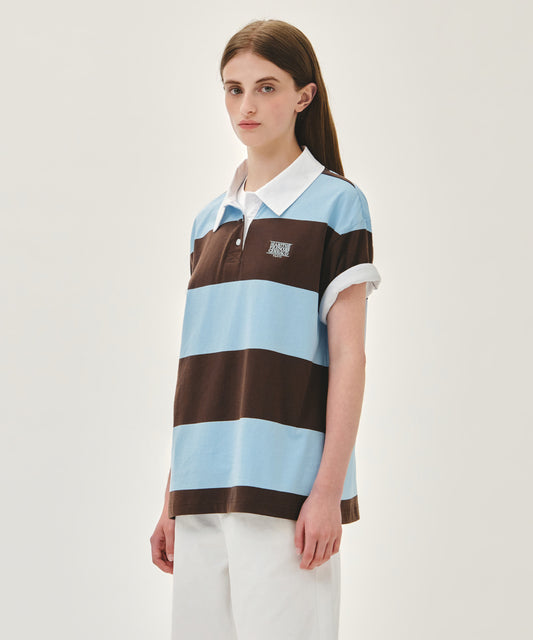Marithé François Girbaud SMALL CLASSIC LOGO RUGBY STRIPE OVERSIZED COLLAR TEE sky blue