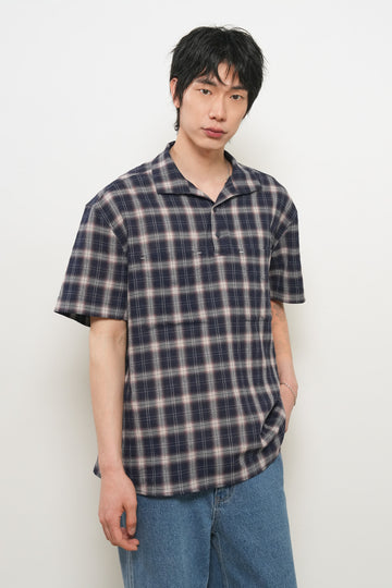 General Idea MAN Seersucker Open Collar Check Half Shirt