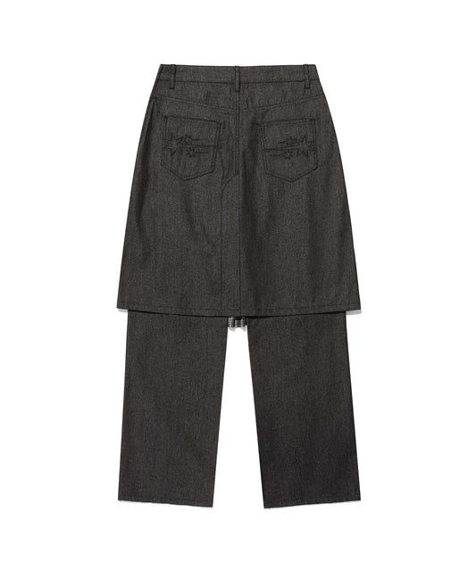 Nice Ghost Club Denim Pleats Panel Layered Skirt Pants