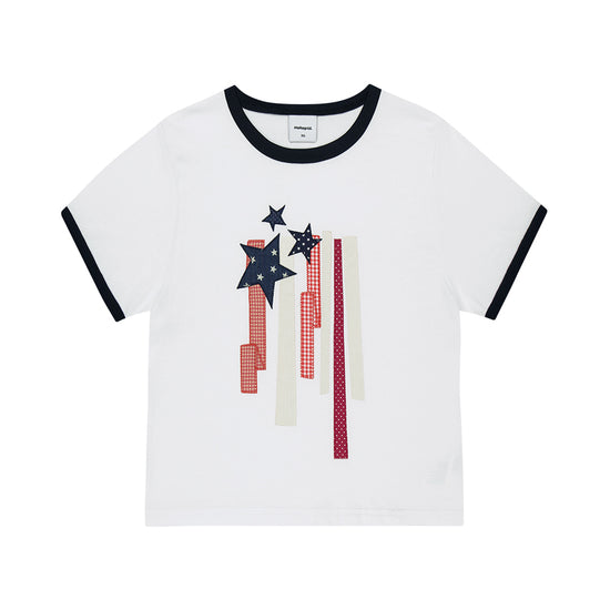 Mahagrid Flag Applique Ringer Crop Tee in White