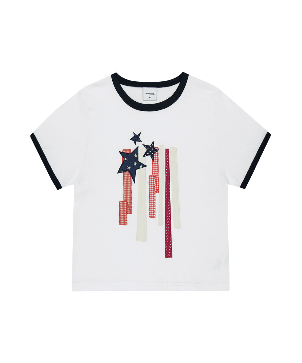 Mahagrid Flag Applique Ringer Crop Tee in White