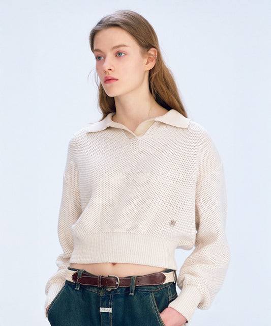 Marithé François Girbaud W Cotton Blended Open Collar Crop Knit in Light Beige