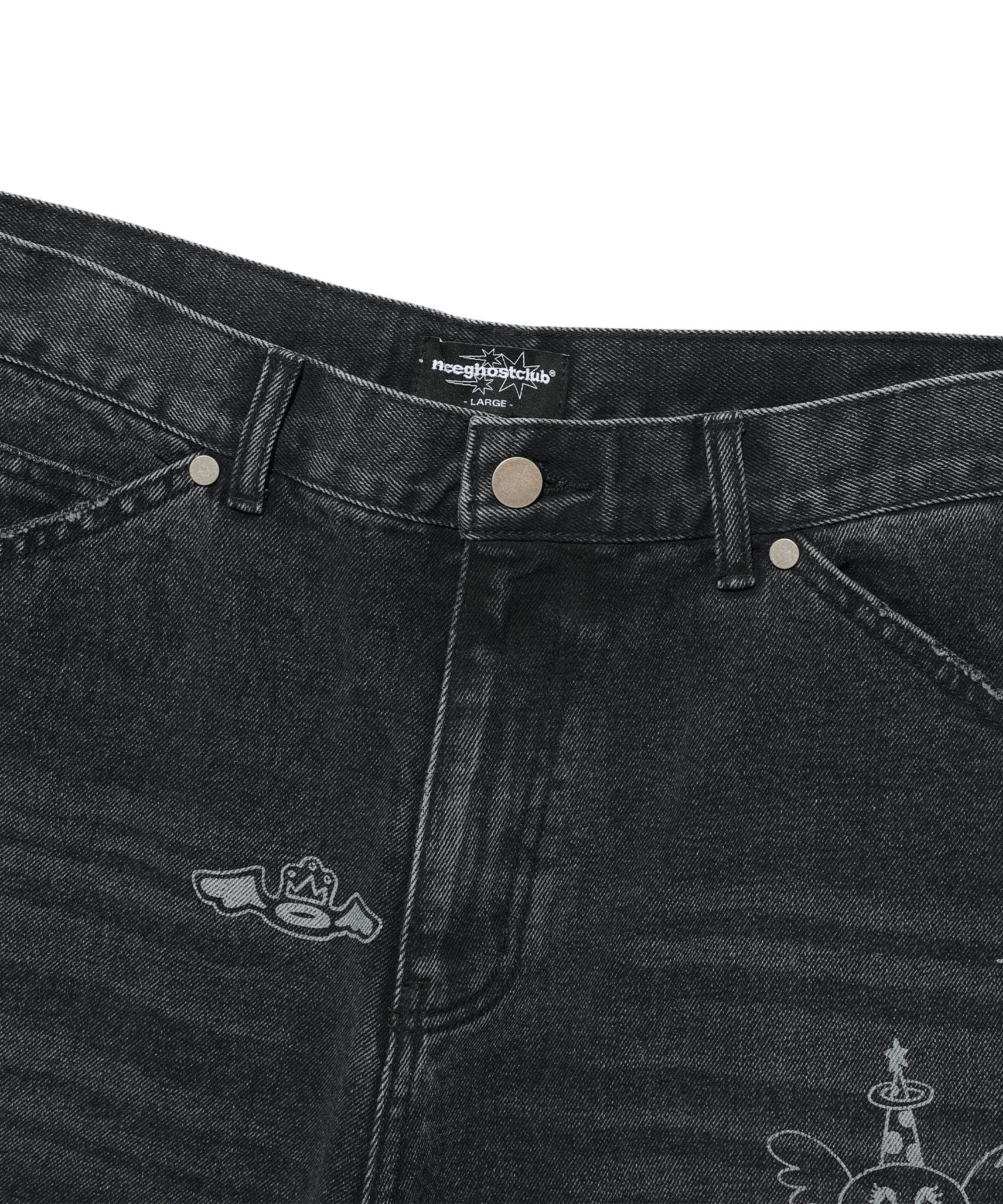 Nice Ghost Club Big Wide Bermuda Doodle Denim Pants