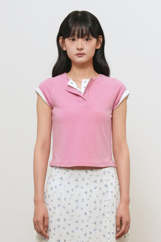 General Idea Woman Snap Henley T-Shirt [Pink]