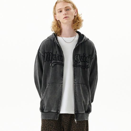 Mahagrid Washed Cut Off Applique Hood Zip Up