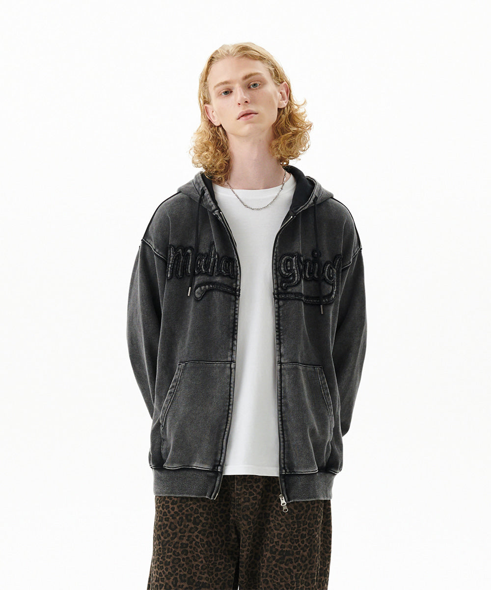 Mahagrid Washed Cut Off Applique Hood Zip Up