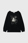 General Idea WOMAN Boatneck Loose Fit Graphic Long Sleeve T-Shirt [BLACK]