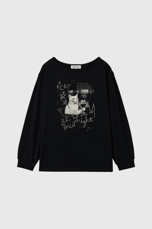 General Idea WOMAN Boatneck Loose Fit Graphic Long Sleeve T-Shirt [BLACK]