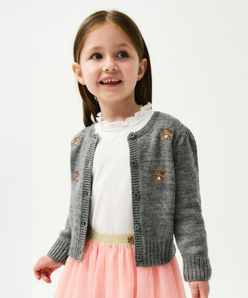 Marithé François Girbaud Enfant W Bear Embroidery Cardigan in Heather Gray
