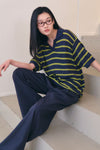 General Idea UNISEX One-Button Collar Stripe Half Knit
