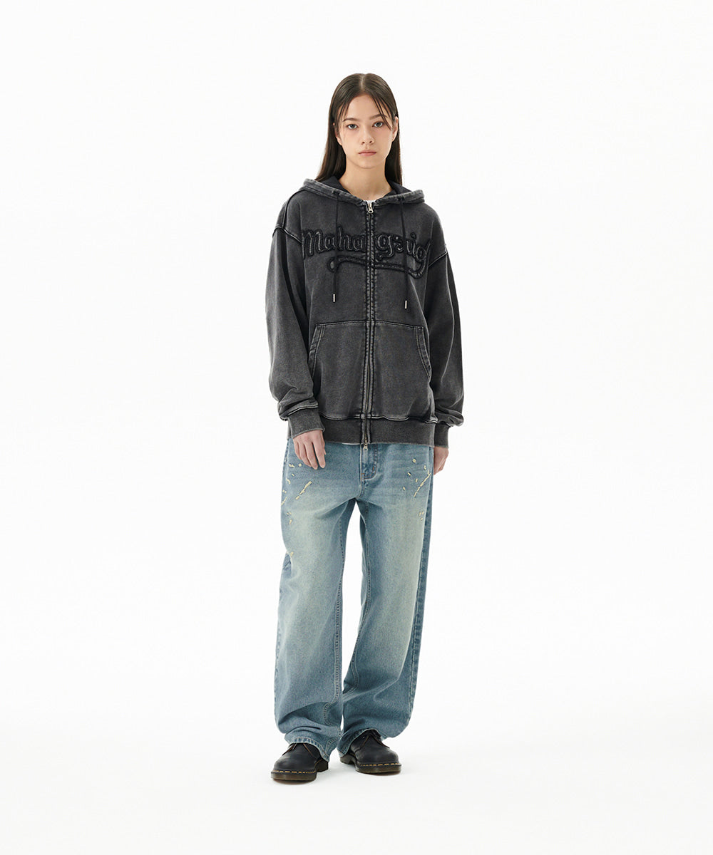Mahagrid Washed Cut Off Applique Hood Zip Up