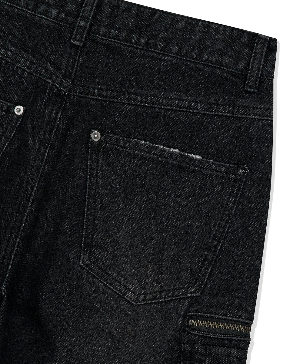 Mahagrid Washed Zip Cargo Denim Pant [Black]