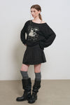 General Idea WOMAN Boatneck Loose Fit Graphic Long Sleeve T-Shirt [BLACK]