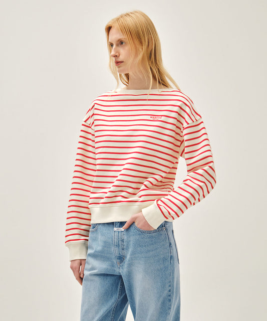 Marithé François Girbaud W STRIPE BOATNECK CROP SWEATSHIRT