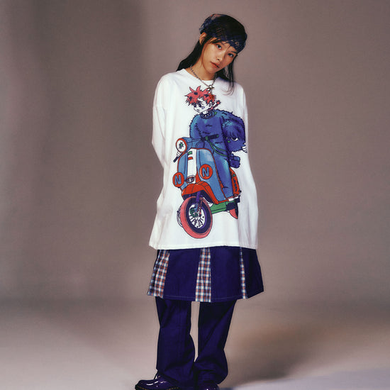 Nice Ghost Club Denim Pleats Panel Layered Skirt Pants
