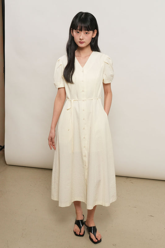 General Idea Woman Stripe V-Neck Puff Long Dress