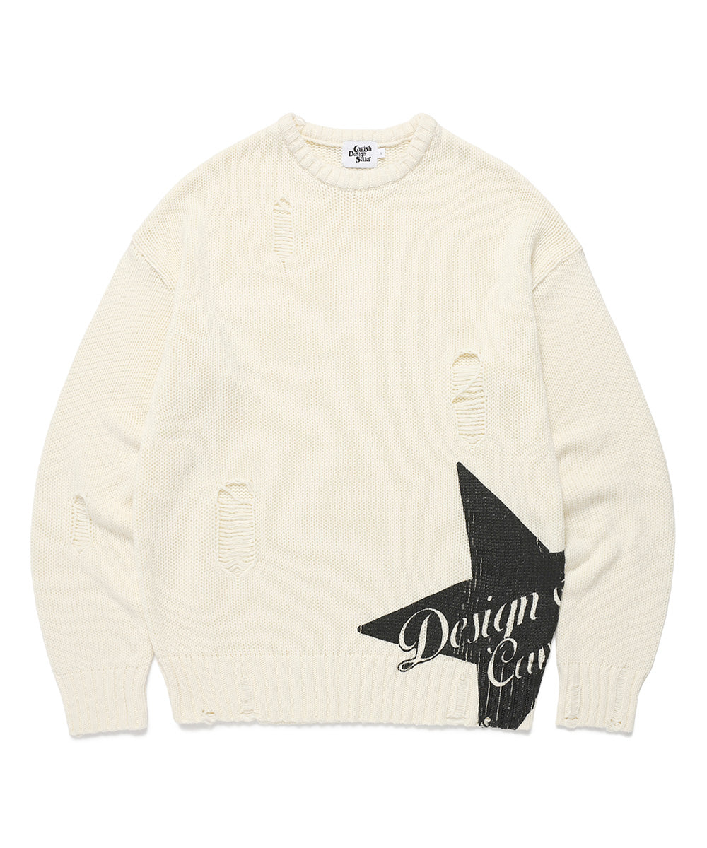 Cavish Women's Damaged Star Knit Crewneck in Ivory