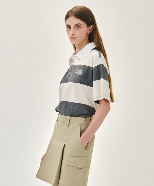 Marithé François Girbaud [S사이즈 1차 7/1, 2차 7/7 예약발송] SMALL CLASSIC LOGO RUGBY STRIPE OVERSIZED COLLAR TEE ivory