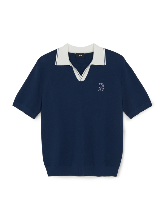 MLB Varsity Tuck Texture Open Collar Short Sleeve Knit Pullover